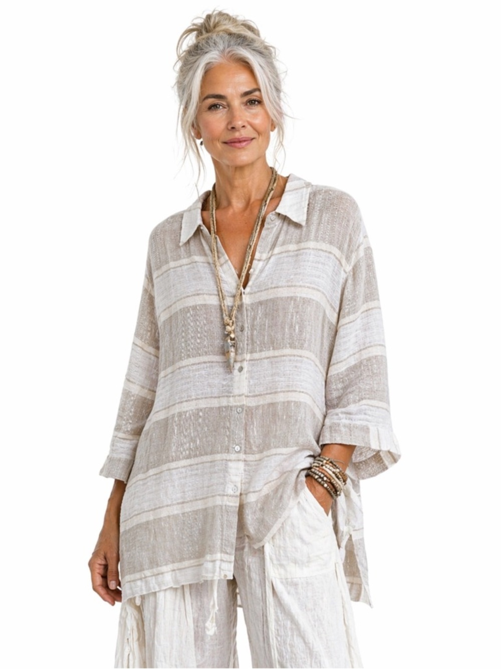 Chico's Striped Linen Button Down Shirt Beige White Size Large Natural Bohemian